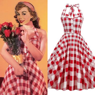 港风女神复古波点性感80年代派对表演挂脖显瘦度假中长大摆连衣裙