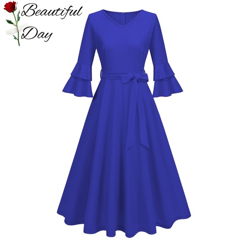 赫本风复古气质纯色显瘦法式年代感喇叭袖女装礼服表演派对连衣裙