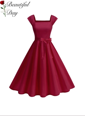 港风复古时尚大码女装法式无袖一字领表演派对收腰大摆连衣裙