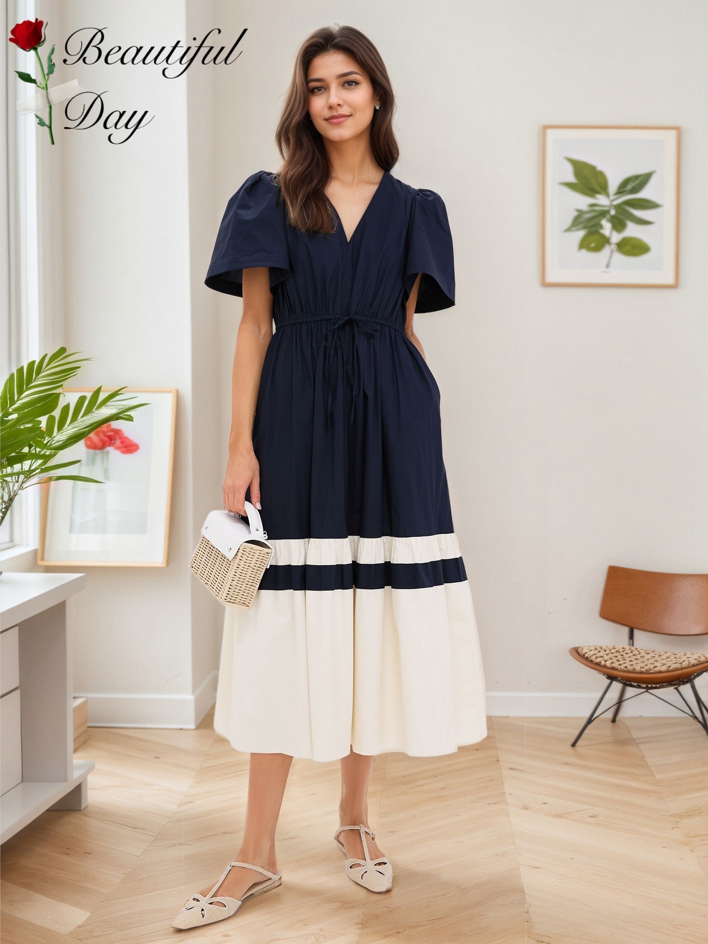 欧美复古气质纯色显瘦拼接法式年代感短袖女装度假派对大摆连衣裙