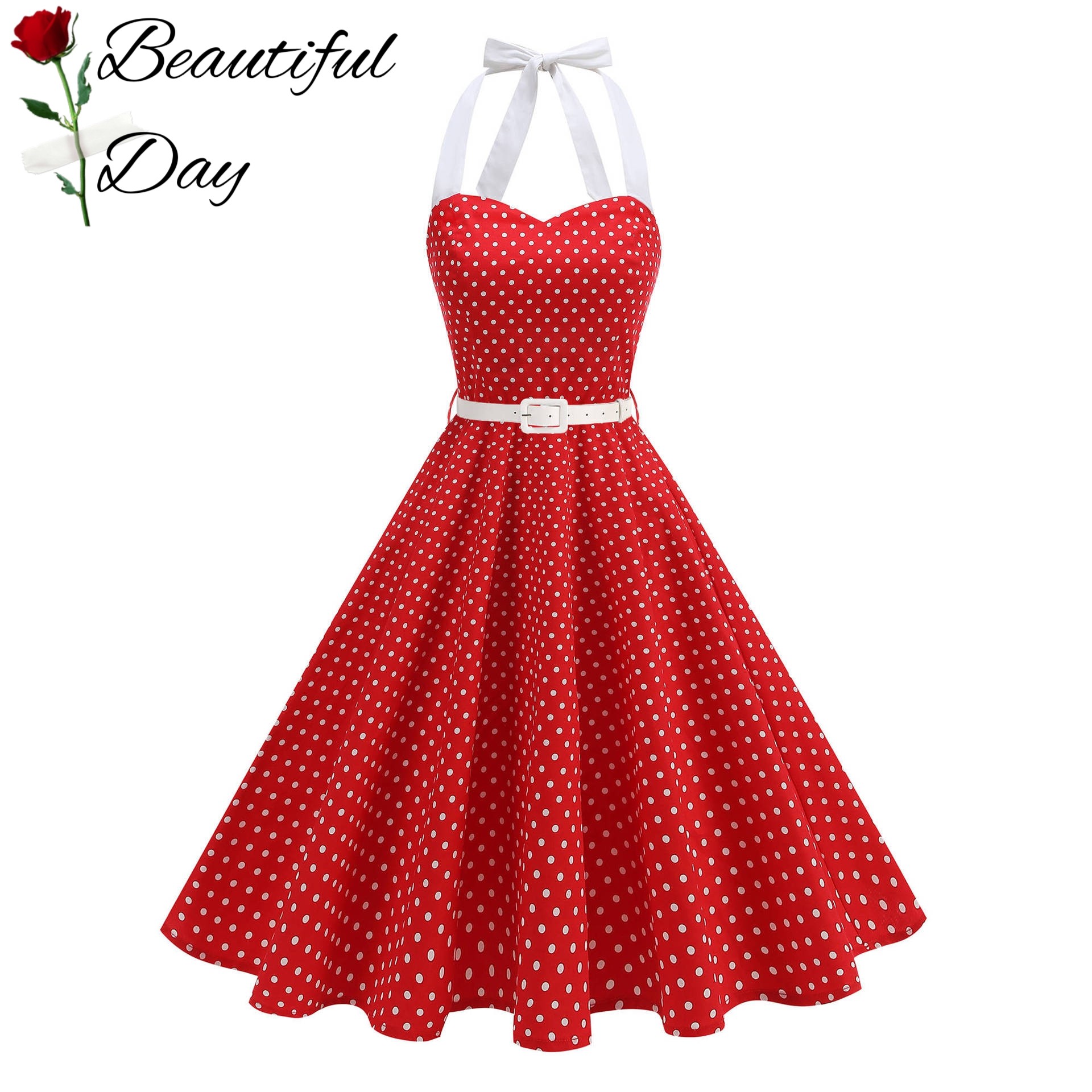 港风女神复古波点性感80年代派对表演写真度假挂脖显瘦大摆连衣裙