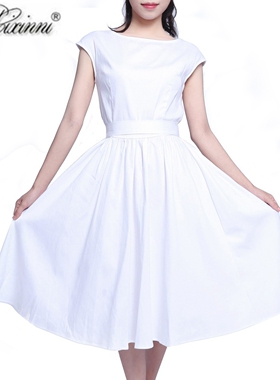 赫本风气质法式小众复古优雅大码女收腰经典白色纯棉大摆连衣裙夏