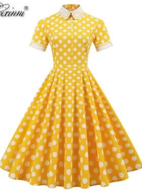 欧美赫本宫廷气质复古年代感法式小众黄色波点中长大摆连衣裙女夏