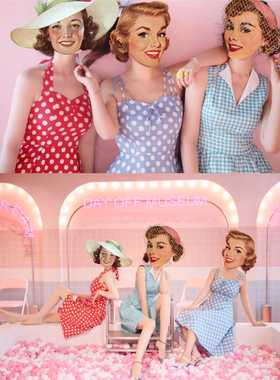 港风女神小众复古年代少女感波点挂脖甜美显瘦气质露背大摆连衣裙