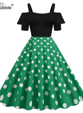 欧美复古气质女装港风怀旧年代感波点减龄显瘦派对表演大摆连衣裙