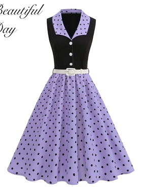 法式女神复古波点性感80年代派对表演写真度假无袖显瘦大摆连衣裙