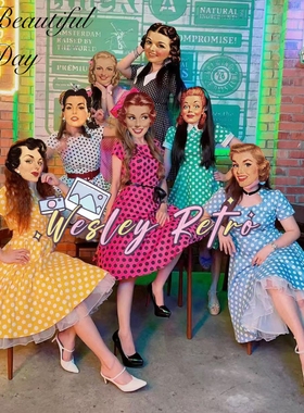 法式复古气质波点显瘦港风年代感度假女装舞蹈写真表演大摆连衣裙