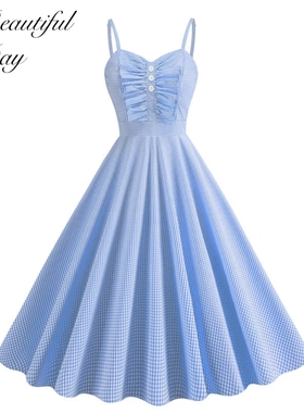 法式Vintage气质小众复古50年代感甜美度假吊带格派对表演连衣裙