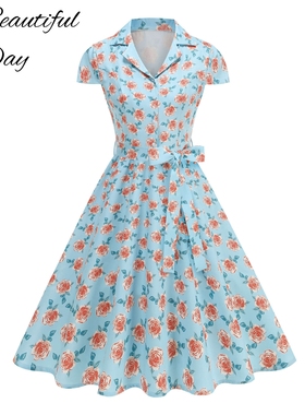 港风复古气质印花显瘦法式年代感短袖女装舞蹈表演大摆中长连衣裙