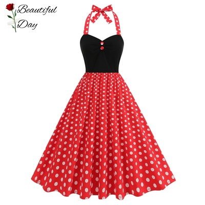 法式气质复古夏季甜美少女感波点显瘦港风度假大摆挂脖表演连衣裙