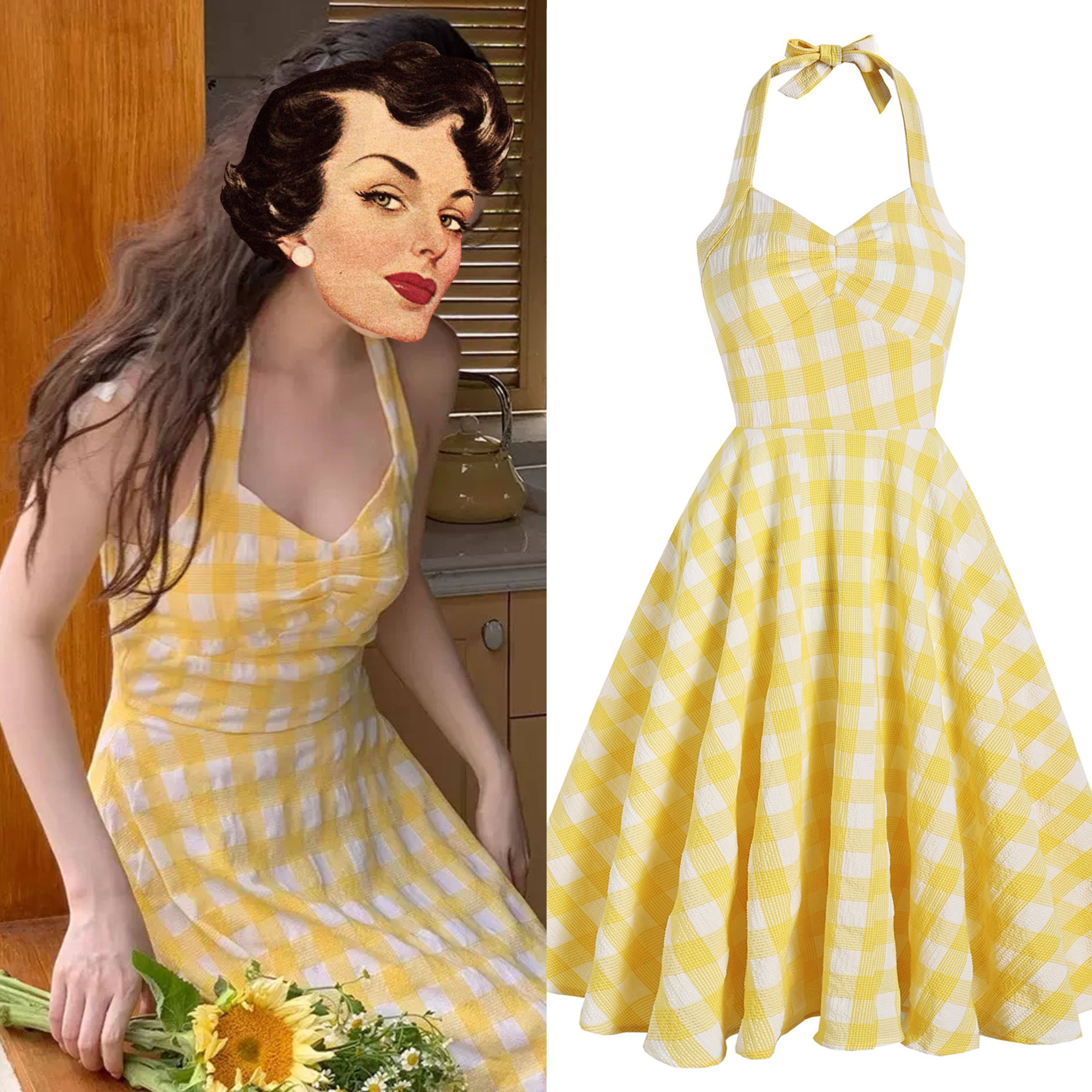 美式复古田园格子洋气港风女神显瘦挂脖度假性感中长大摆连衣裙夏