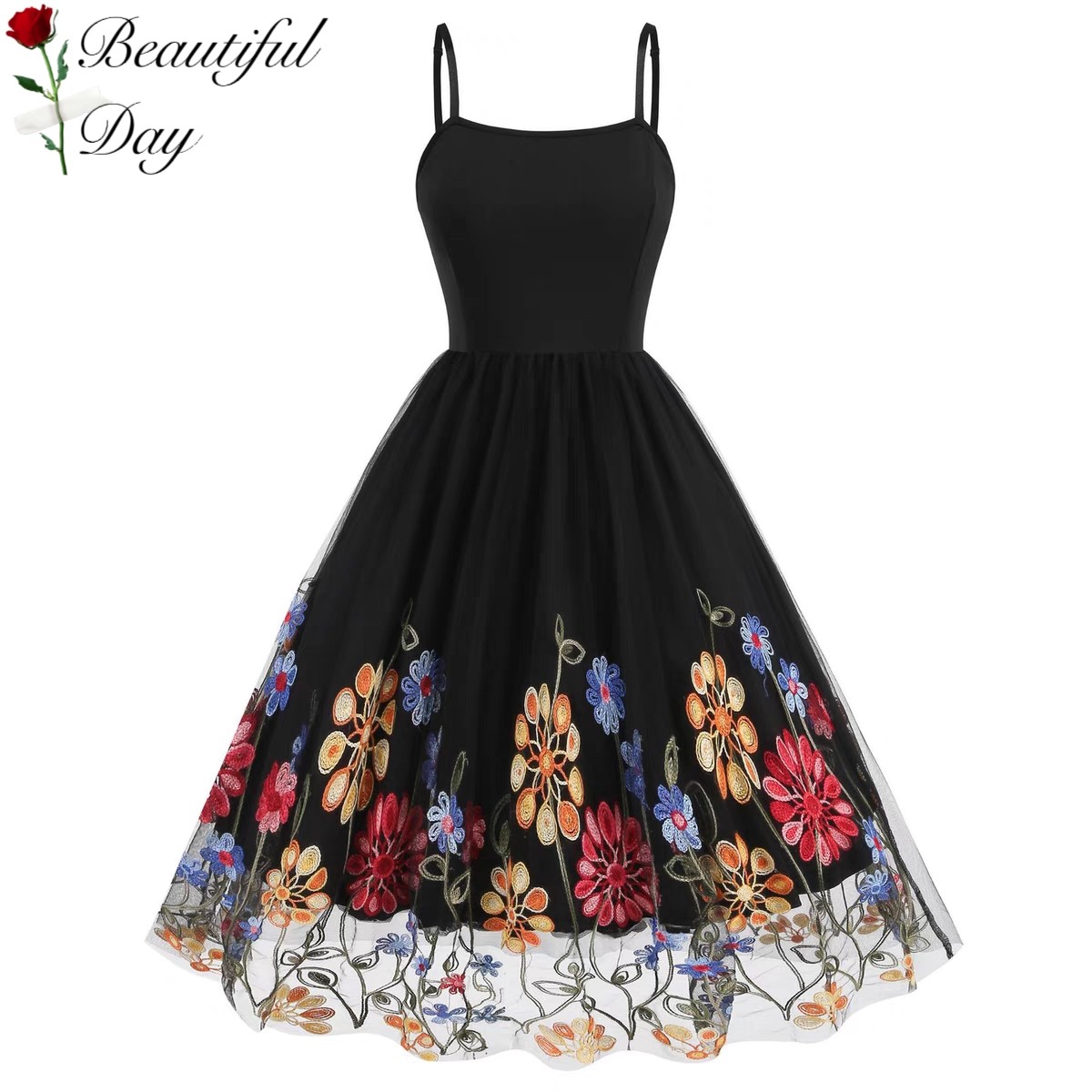 法式复古气质女装刺绣印花派对小礼服港风显瘦网纱吊带大摆连衣裙