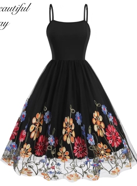 法式复古气质女装刺绣印花派对小礼服港风显瘦网纱吊带大摆连衣裙