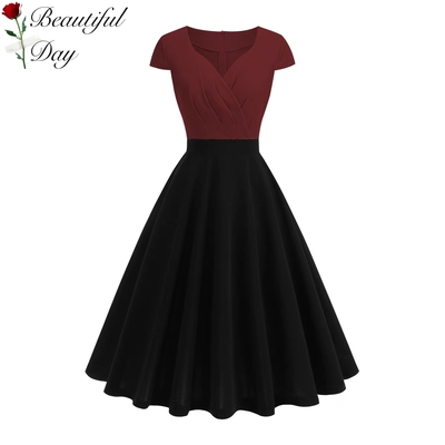 法式复古气质纯色显瘦港风年代感短袖女装表演派对大摆中长连衣裙