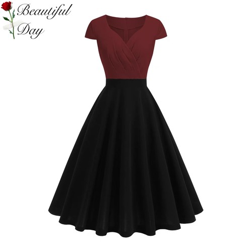 法式复古气质纯色显瘦港风年代感短袖女装表演派对大摆中长连衣裙