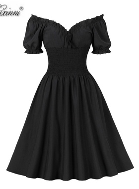 欧美复古万圣节小黑裙女装港风一字领性感气质显瘦高腰大摆连衣裙