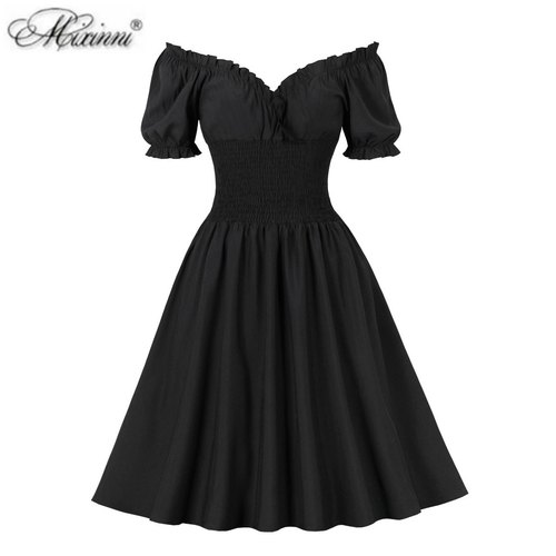 欧美复古万圣节小黑裙女装港风一字领性感气质显瘦高腰大摆连衣裙