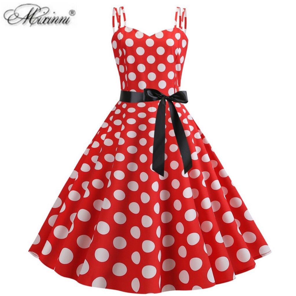 港风复古气质少女年代感甜美怀旧吊带波点显瘦派对表演大摆连衣裙