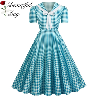 美式田园复古气质短袖女装港风格纹年代感俏皮减龄显瘦大摆连衣裙