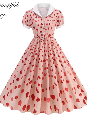 法式复古气质印花显瘦港风年代感短袖女装舞蹈表演大摆中长连衣裙