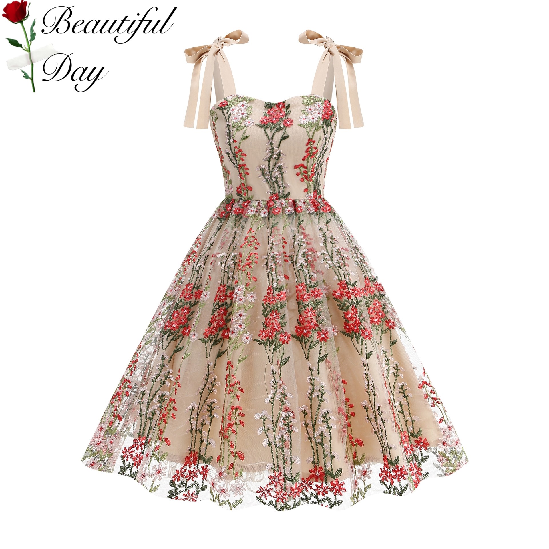 港风复古气质女装刺绣印花派对礼服法式宴会网纱吊带大摆连衣裙