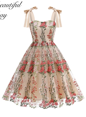 港风复古气质女装刺绣印花派对礼服法式宴会网纱吊带大摆连衣裙