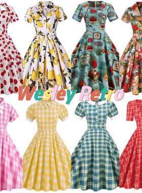 法式温柔赫本风Vintage港风复古印花收腰显瘦气质大摆连衣裙女夏