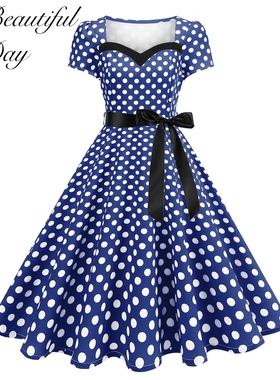 赫本风气质大码复古女装短袖港风波点年会表演显瘦大摆连衣裙