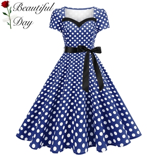 赫本风气质大码复古女装短袖港风波点年会表演显瘦大摆连衣裙