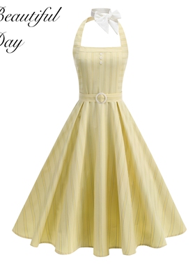 港风气质复古夏季甜美少女感条纹显瘦法式度假大摆挂脖表演连衣裙