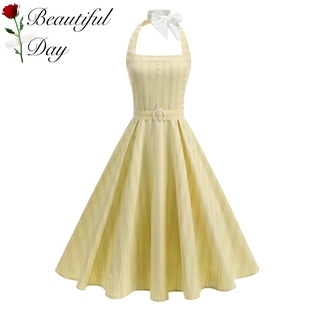 港风气质复古夏季 度假大摆挂脖表演连衣裙 甜美少女感条纹显瘦法式