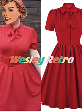 法式优雅淑女复古港风红色显白气质短袖大码女装显瘦中长连衣裙夏