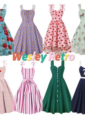 美式气质复古显瘦港风印花女装性感吊带收腰过膝度假沙滩连衣裙夏