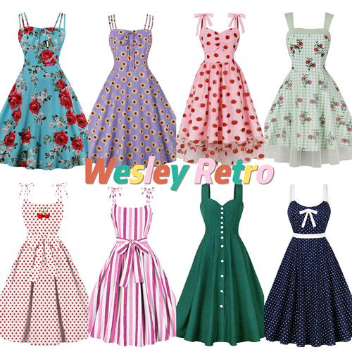 美式气质复古显瘦港风印花女装性感吊带收腰过膝度假沙滩连衣裙夏