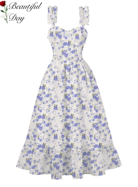 港风复古女装甜美怀旧年代感吊带印花赫本风显瘦舞蹈表演连衣裙