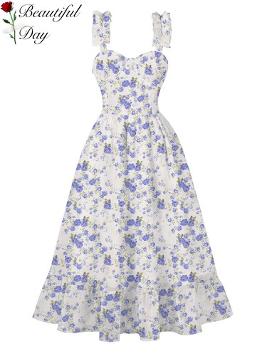 港风复古女装甜美怀旧年代感吊带印花赫本风显瘦舞蹈表演连衣裙