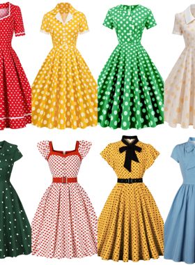 法式温柔复古气质大码港风娃娃领减龄显瘦波点大摆中长连衣裙女夏