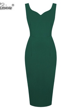 美式复古无袖气质港风女神绿色性感修身包臀显瘦中长款铅笔连衣裙