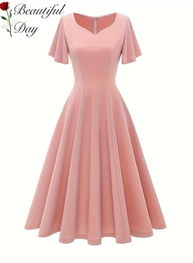 法式复古气质纯色显瘦港风年代感短袖女装表演派对大摆连衣裙