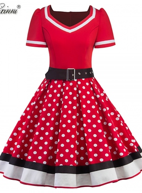 复古风大码胖妹妹短袖夏季女装波点V领遮肚显瘦中长款大摆连衣裙