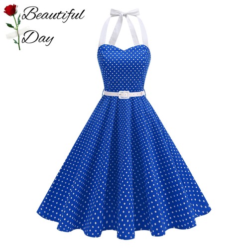 法式女神复古波点性感80年代派对表演写真度假挂脖显瘦大摆连衣裙