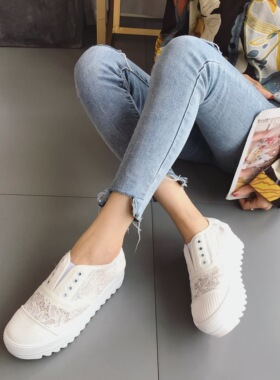 2020夏季新款厚底蕾丝面透气百搭松糕底网面低Q帮一脚蹬懒人鞋女