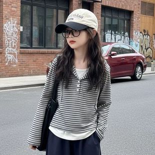 女童条纹连帽T恤卫衣2026新款儿童春秋季韩系穿搭女孩假两件上衣