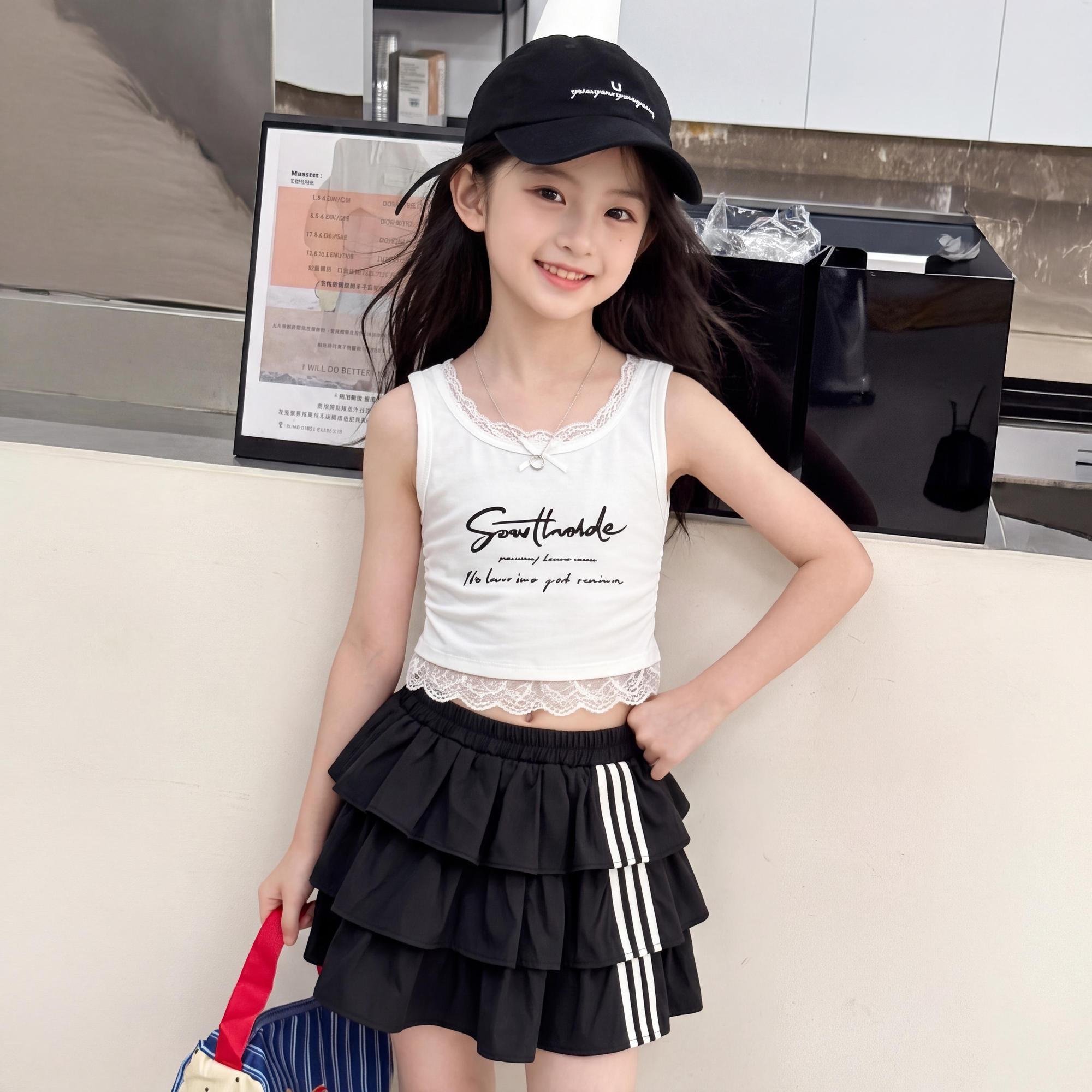 女童装无袖背心外穿夏季短款T恤女孩中大童薄款韩系蕾丝修身上衣