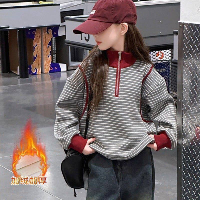 女童半拉链条纹加绒卫衣秋冬2026新款中大童高领洋气休闲外穿上衣