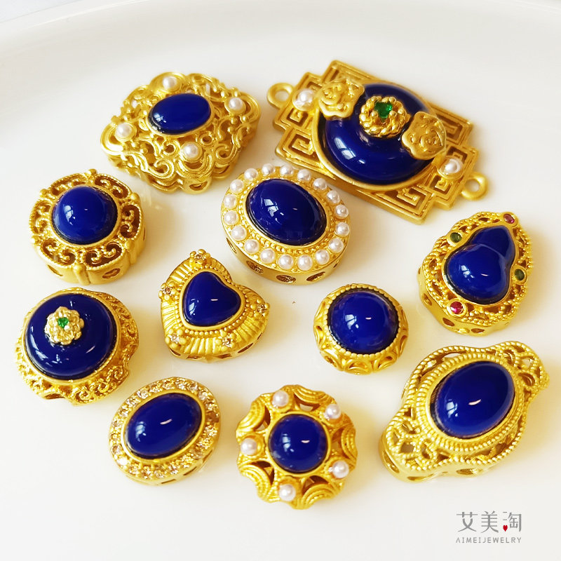 沙金隔珠戒面双吊配件仿青金石手链串珠多圈吊坠DIY配件 手工饰品