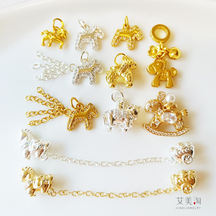 古法18k包金银生肖马高保色摇马隔珠马上有钱吊坠diy串珠饰品配件