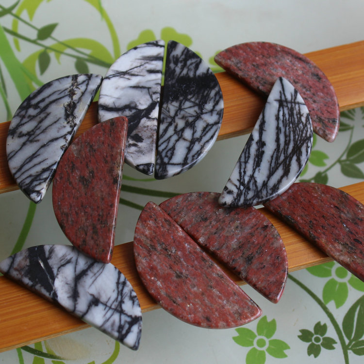 天然芝麻红/网络石 15*35mm半圆片半月形 无孔双平 diy用品配件