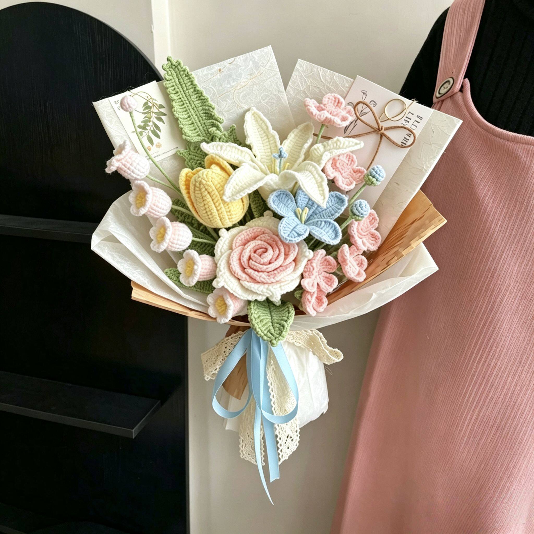成品手工编织玫瑰混搭花束钩织向日葵花束田园风礼物送女友生日礼