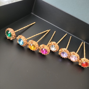 新款傣族彩色发簪服装配饰镶钻发饰泰式发针玫瑰纹写真发饰